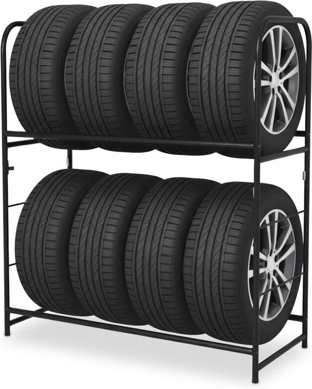 Relaxdays Reifenregal für 8 Reifen, HxBxT: 117 x 107 x 46 cm, 200 kg, Stahl, 2 Ebenen, Räderregal, Reifenlager, schwarz