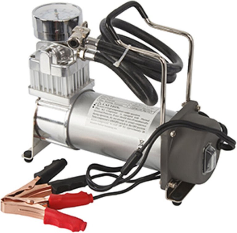 Tragbarer Luftkompressor, 12 V – 10,5 Bar – 70 L/min, Anschluss an die Batterie mit 2 Krokodilklemmen.