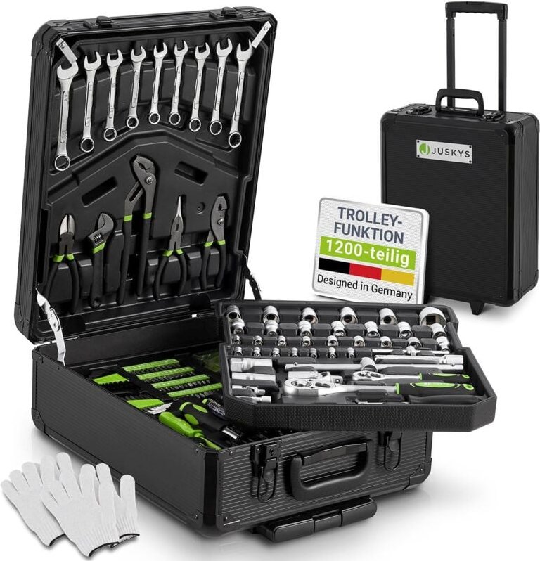 Werkzeugkoffer - 1200 teilig, gefüllt, Werkzeug, Werkzeugtrolley, Werkzeugkiste, Set, Rollen - Juskys