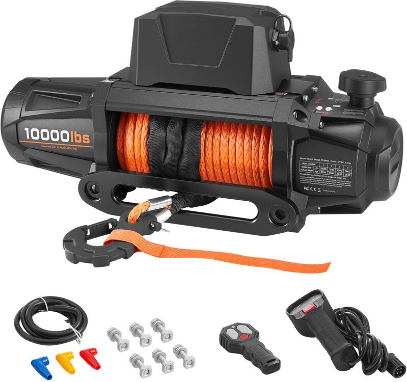 Mophorn Elektrische Seilwinde, 4500 kg, 12 V DC Winde mit Φ8,9mm x 27,4m Synthetikseil, kabellose und kabelgebundene Fer...