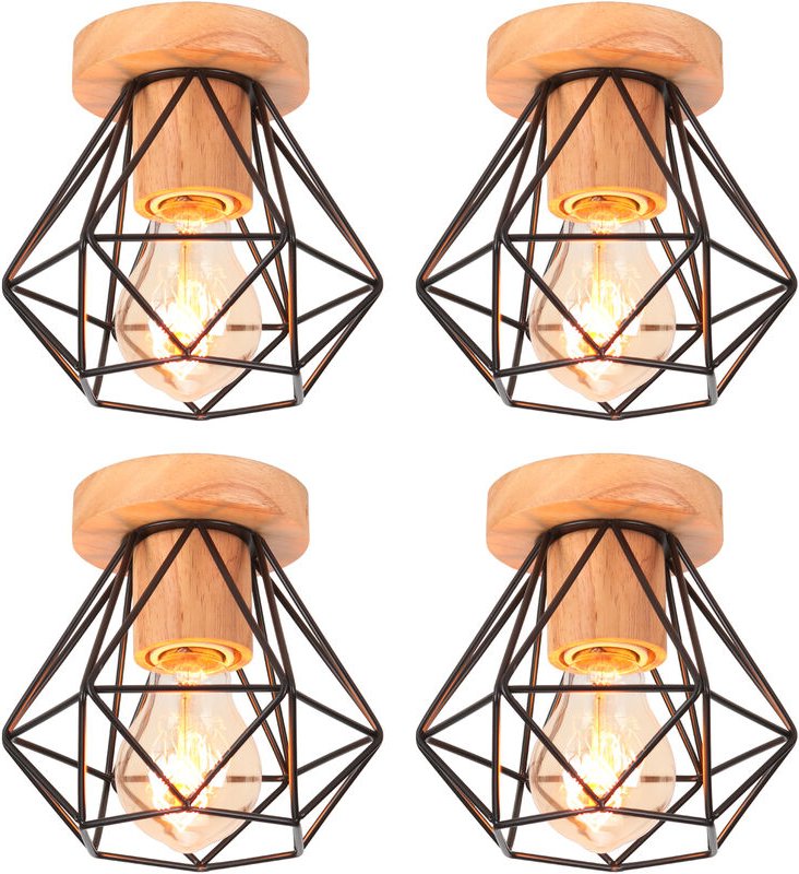 4x Moderne Deckenlampe Metall Hölzern Lüster mit E27 Lampenfassung aus Keramik Deckenleuchte in Rautenform für Schlafzim...