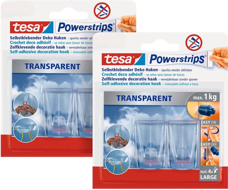 Thumbnail - Tesa - 2x2 Klebehaken für transparente Oberflächen und Glas (1 kg) - Durchsichtige, selbstklebende Haken - Bis zu 1 kg H...