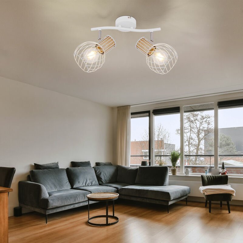 Thumbnail - Deckenleuchte 2 Flammig Spotleuchte schwenkbar Deckenlampe Gitterschirme, Metall Holz, 2x E27 Fassungen, LxBxH 29,6x23x1...
