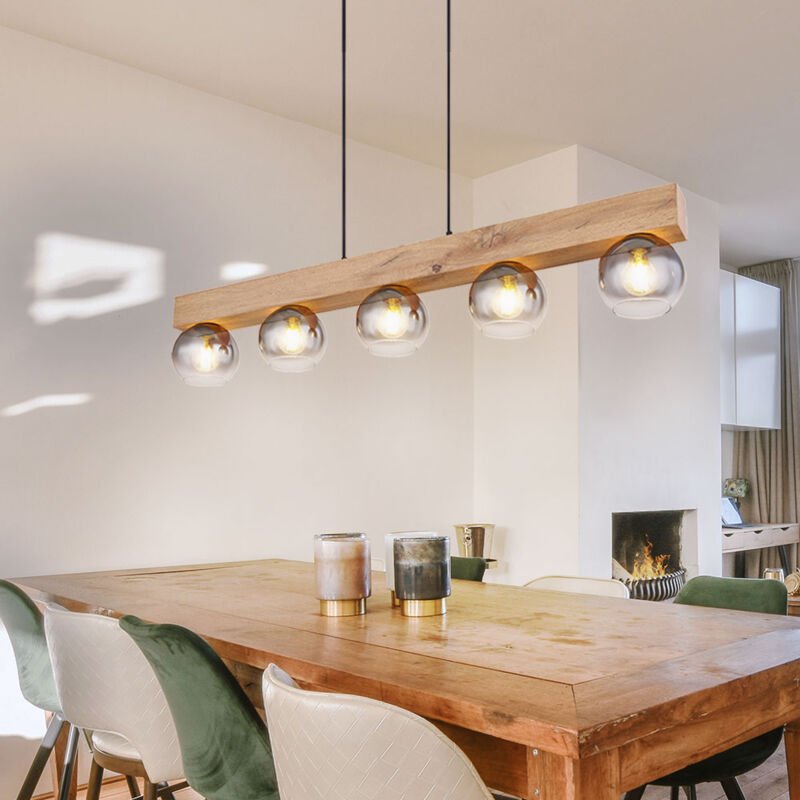 Pendelleuchte Hängelampe Wohnzimmerleuchte Glaskugeln Pendellampe schwarz Holzoptik, 5 flammig, Metall mdf, 5x E27 Fassu...
