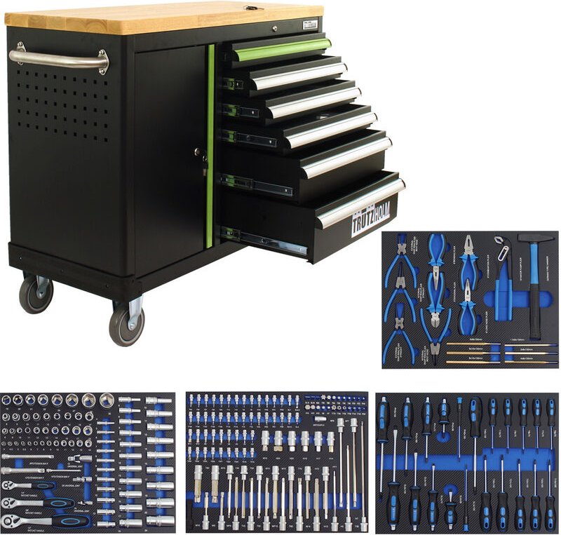 Trutzholm ® - Werkstattwagen deluxe 6 Schubladen + Tür - 219 tlg. bestückt Werkzeugwagen Anthrazit/grün
