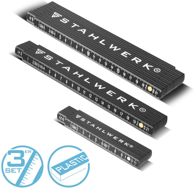 Stahlwerk - Zollstock 3er Set 1 2 3 Meter präziser Kunststoff-Gliedermaßstab