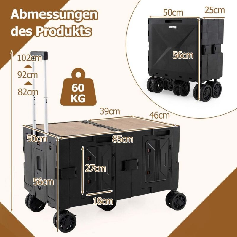 Faltbarer bollerwagen mit tischplatte verstellbarem griff schwarz