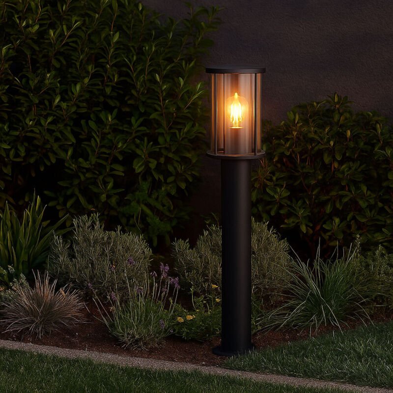 Stehlampe Außen Wegeleuchte schwarz Gartenlampe modern, Sockelleuchte Terrasse wetterfest, Glas rauch Edelstahl matt, 1x...