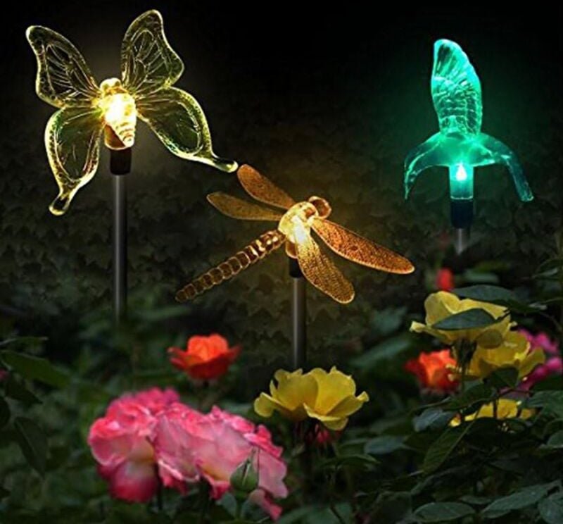 3er-Pack Solar-Gartenleuchten, Schmetterling, Kolibri, Libelle, solarbetriebene led, mehrfarbig