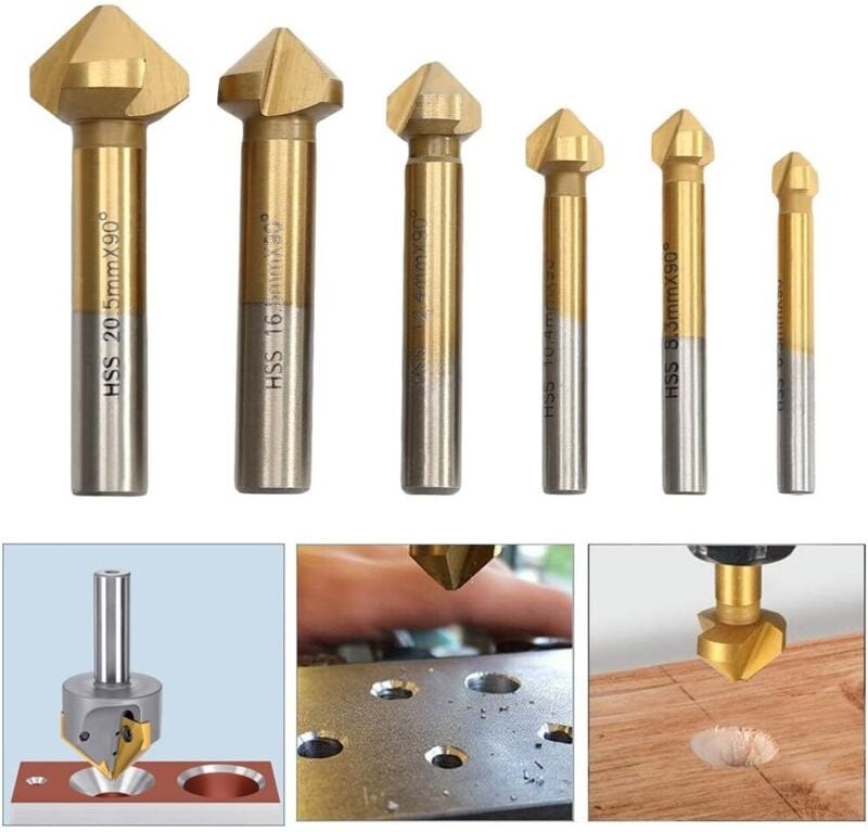 6-tlg. HSS Senkbohrer, Titanbeschichtete 90° Senkbohrer Ø 6,3-20,5 mm, Schraubwerkzeug geeignet für Heimwerker, Holz, Me...
