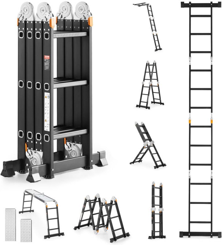 VEVOR Mehrzweckleiter, 7-in-1-Multifunktionsleiter, A-Rahmen mit 3 Stufen und Gerüstbrett, Teleskopleiter, Leitergerüst ...