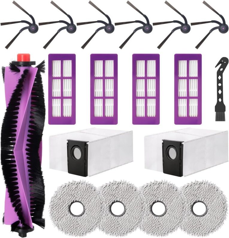 Eureka J15 Max Ultra Zubehörset: 1 Hauptbürste, 6 Seitenbürsten, 4 Reinigungspads, 2 Staubbeutel, 4 Filter, 1 Bürste