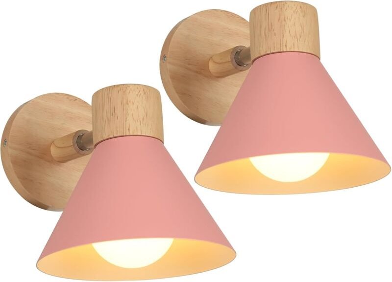Wandleuchten Moderne Innen Wandlampe Holz Metall E27 Drehbarer für Schlafzimmer Wohnzimmer Flur Cafét - Ø18cm Rosa, 2Pcs