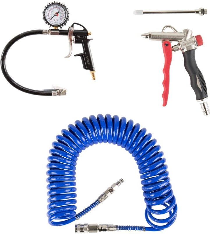 STIER Druckluft-Set Premium, 3-teilig, Reifenfüllmessgerät, Spiralschlauch, Ausblaspistole, mit Wechseldüse, Kfz, mit Kn...