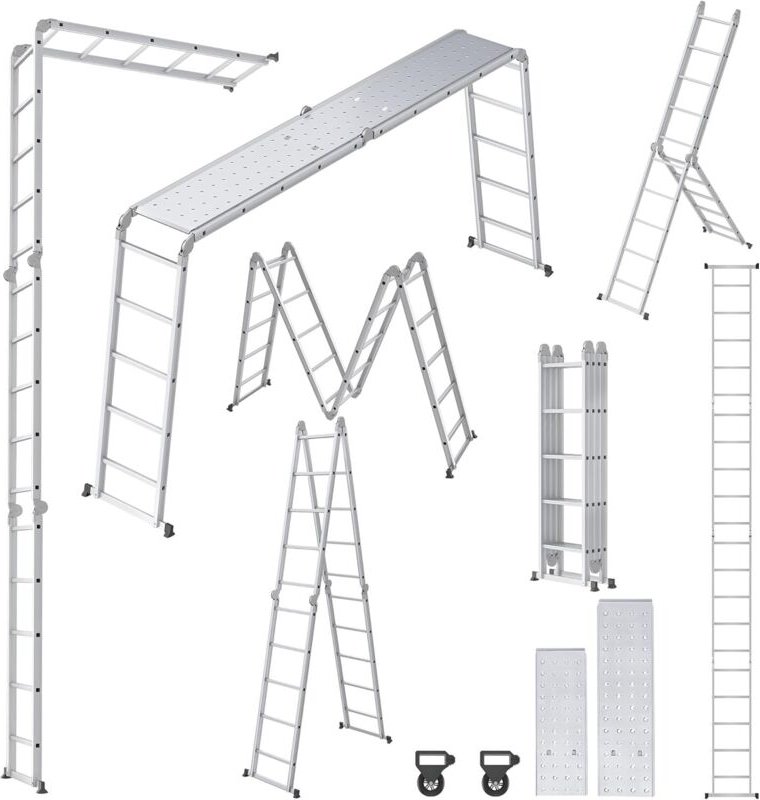 Froadp Mehrzweckleiter 6 in 1 Klappbare Vielzweckleiter Aluminum Gerüst Teleskop-Design Arbeitsleiter mit 2 Rollen & pla...