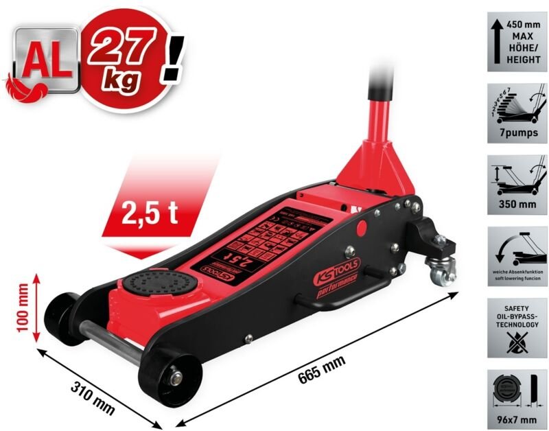 KS Tools performance Hydraulischer Aluminium-Wagenheber, 2500 kg, Hubhöhe: 100-450 mm