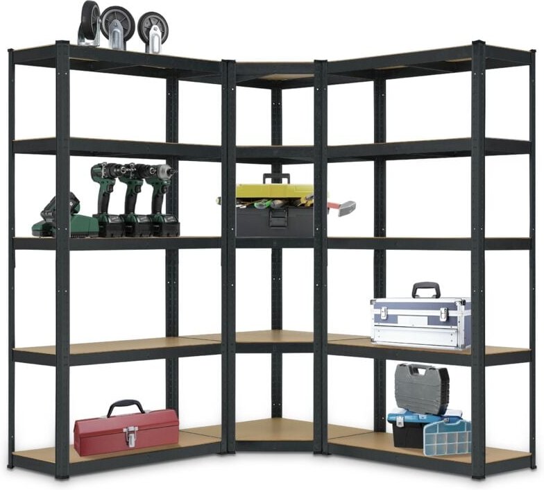 3er Metall Regalsystem Grau - 1 Eckregal & 2 Lagerregale - 15 Böden aus mdf Holz - 2625 kg - Schwerlastregal Steckregal ...