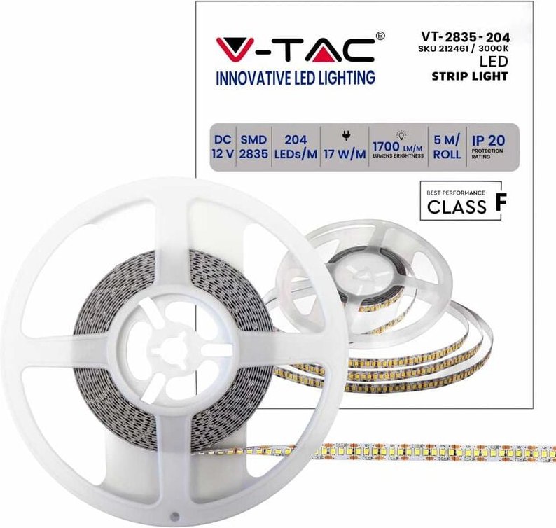 V-TAC VT- 2835 LED Streifen 204 LEDs/m SMD2835 LED Streifen 5M 17W/mt warmweißes Licht 3000k IP20 sku 212461