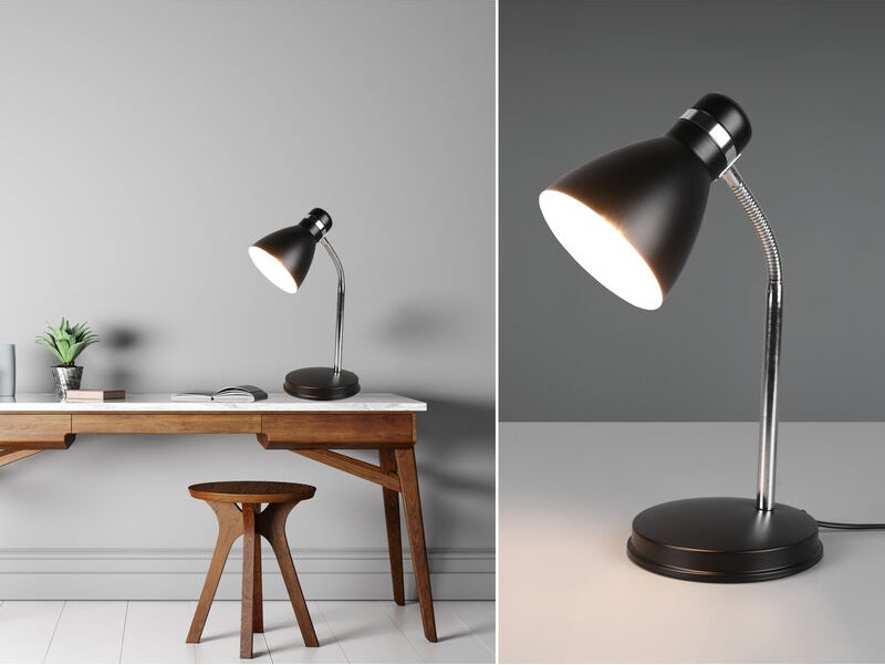 Reality Leuchten - Schreibtischleuchte harvey, flexibel Chrom & Metallschirm Schwarz, 33cm