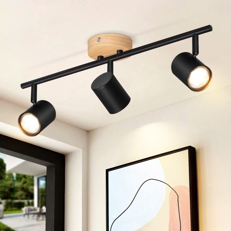 Deckenstrahler GU10 Deckenlampe Holz - Deckenleuchte Schwarz Decke Schwenkbar 350° 3 Flammig Max.25w Modern Wohnzimmerla...