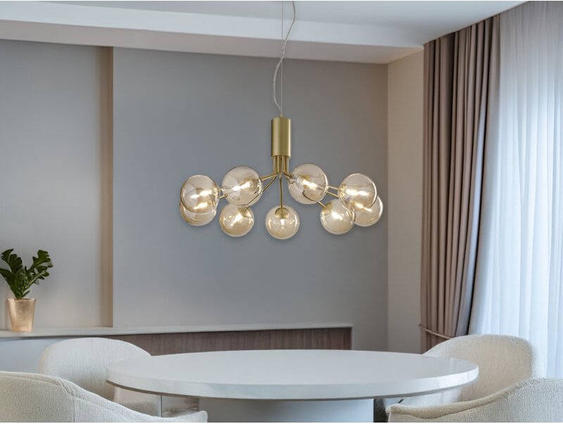 Große Pendelleuchte HONEY 9-flammig Gold-Glaskugeln Bernsteinfarbig, Ø 83cm