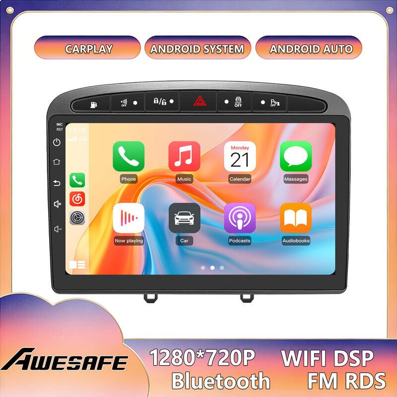 AWESAFE Autoradio Android 13 für Peugeot 308/408 (2007–2013) 6GB+128GB 9'' Touchscreen GPS Android Auto WiFi Grau