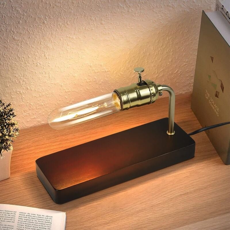Büro- und Wohnzimmerlampe, moderne Nachttischlampe - schwarze Holzbürolampe mit E27-Sockel, goldenes retroides Design, M...