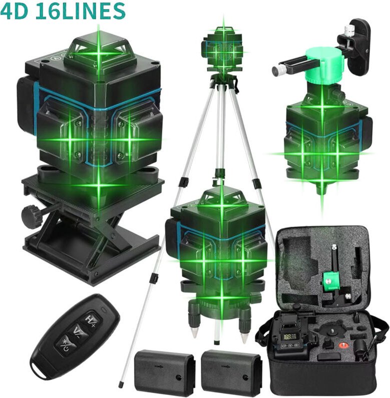 Ej.life - 16-Linien-Laser, IP54-Wasserwaage, 2 Batterien, mit Teleskopstativ zum Fliesenlegen, grünes Kreuzlinienlaser-S...