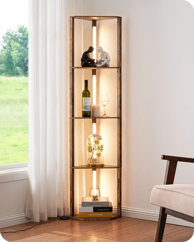 EDISHINE Stehlampe mit 4 Holz-Regal, LED Dimmbar Stehleuchte 3-Farbtemperatur mit 360° Drehbarer Lichtmast, Fußschalter,...