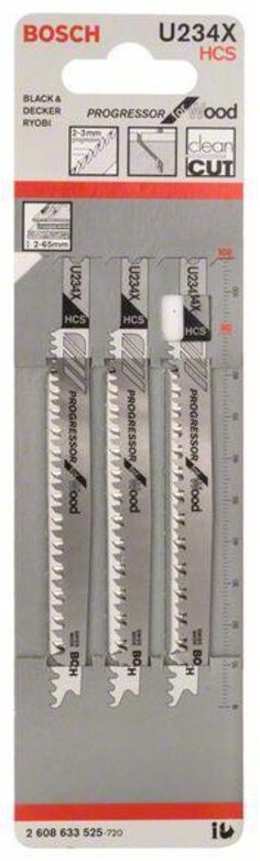 Bosch 3x Stichsägeblatt U 234 X Progressor for Wood - 2608633525