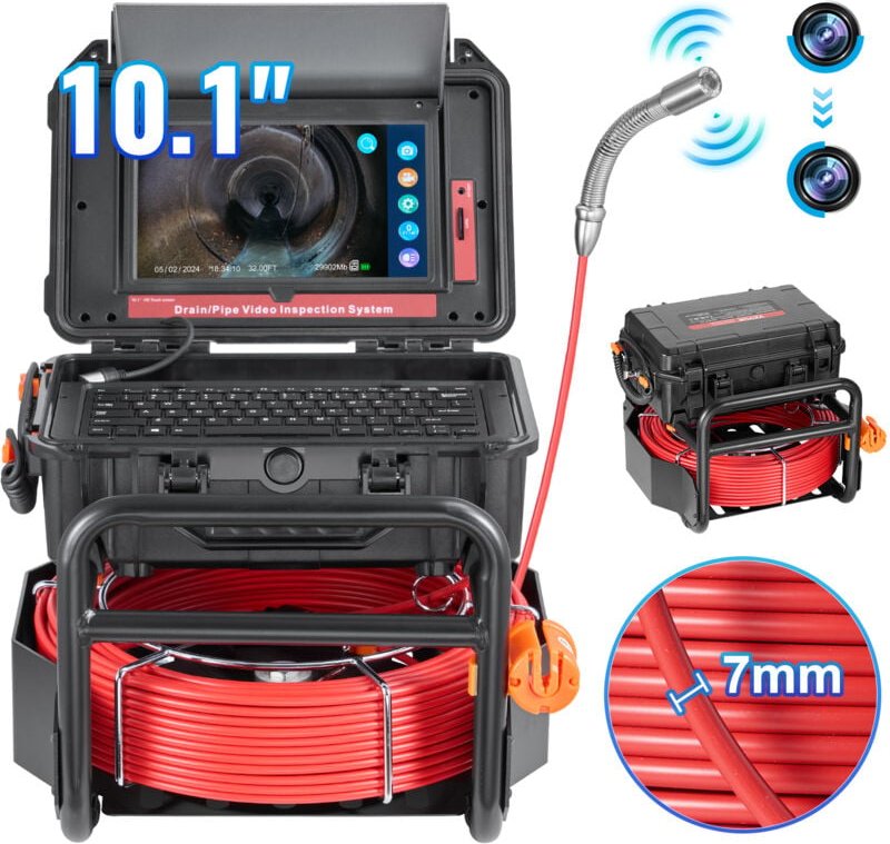 Kanalkamera, 50 m, selbstnivellierende Rohrkamera mit 10,1-Zoll-Touchscreen, 512-Hz-Sender & Entfernungszähler, IP67-Roh...