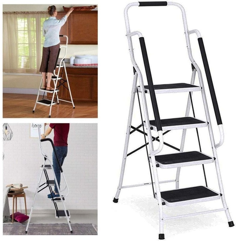 Trittleiter 4 Stufen Klappbar Stufenleiter mit Handlauf, Stabil Klappstufen Stahl Klapptrittleiter Faltbar Klappleiter A...