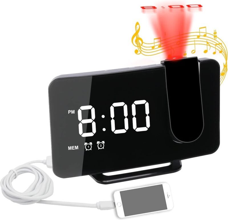 Aougo - Digitaler Wecker mit USB-Ladegerät/Deckenprojektion, doppelter lauter Wecker, einzelner Projektor-Wecker für sch...