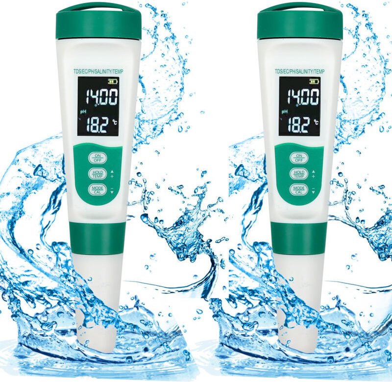 2 Stück 5-in-1 Digital-pH-Tester, hohe Präzision, mit hintergrundbeleuchtetem Display, pH/EC/TDS/Salzgehalt/Temperatur, ...