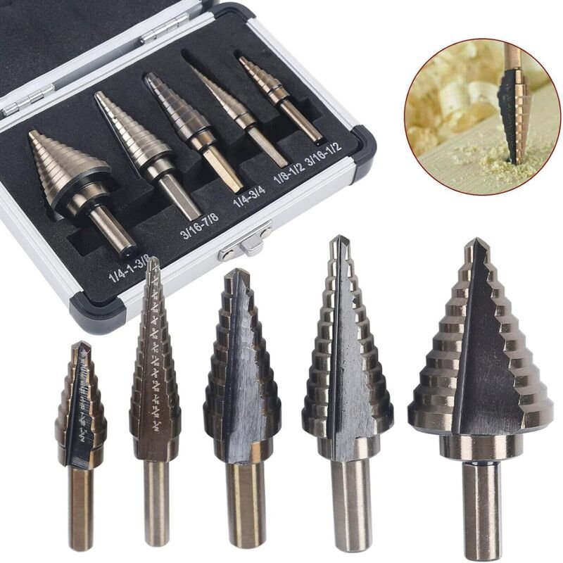 Stufenbohrer 5 tlg Kegelbohrer HSS Spiralnut Stufenbohrer Set Step Drill Bits Set Hochgeschwindigkeitsstahl Titanbeschic...
