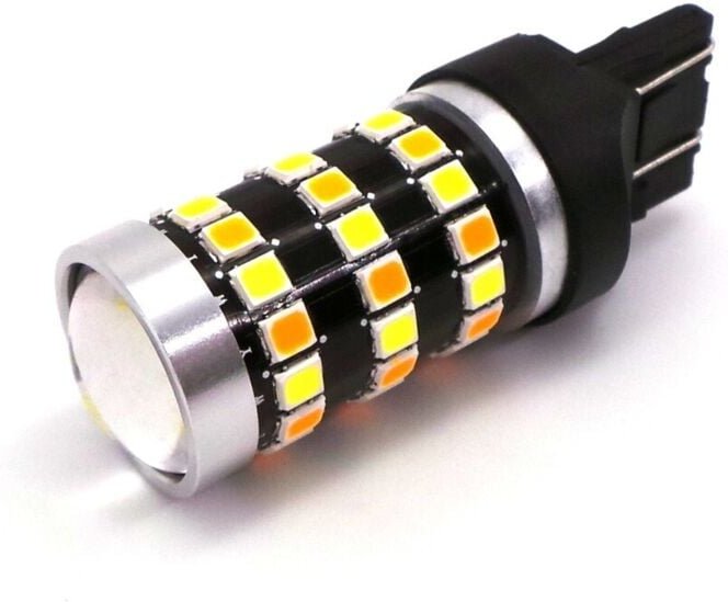 2 Stück LED-Birne 7443, W21/5W 12V CANBUS weiß-orange, zweifarbig