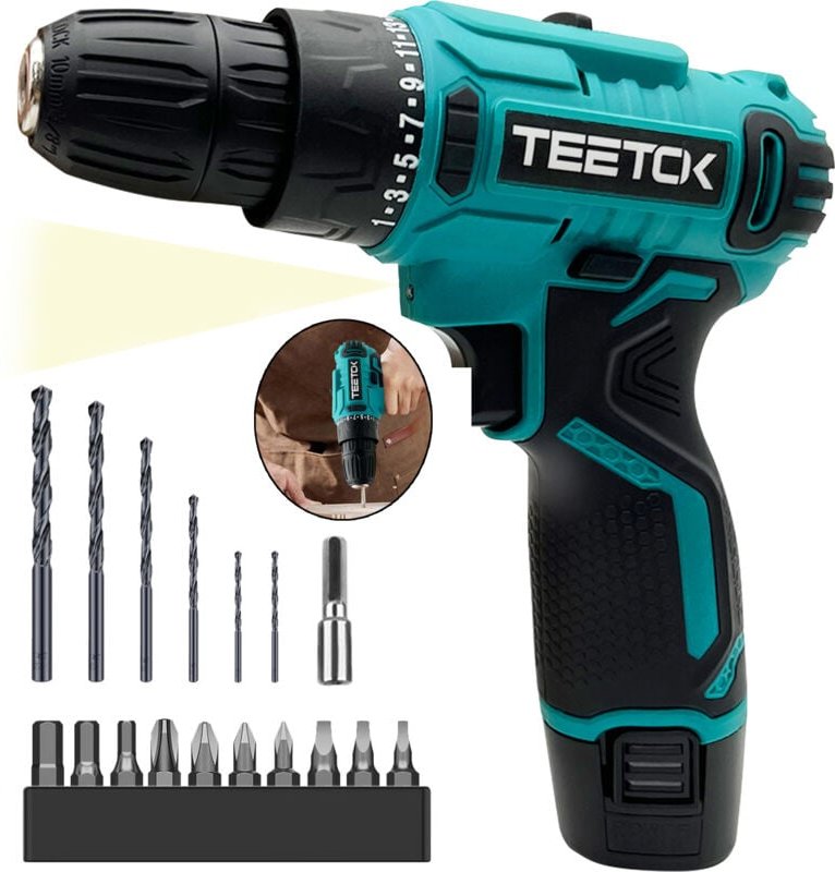 12-V-Akku-Bohrschrauber-Set, Kombi-Bohrschrauber mit 1 Li-Ion-Akku 3000 mAh, 17-teiliges Zubehör, Schnellladegerät, 25 D...