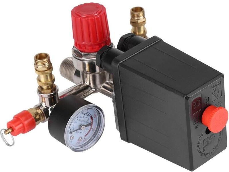 Luftkompressor-Druckschalter-Steuerventil 90–120 PSI mit Dual-Manometer-Reglern, maximale Spannung 230 V