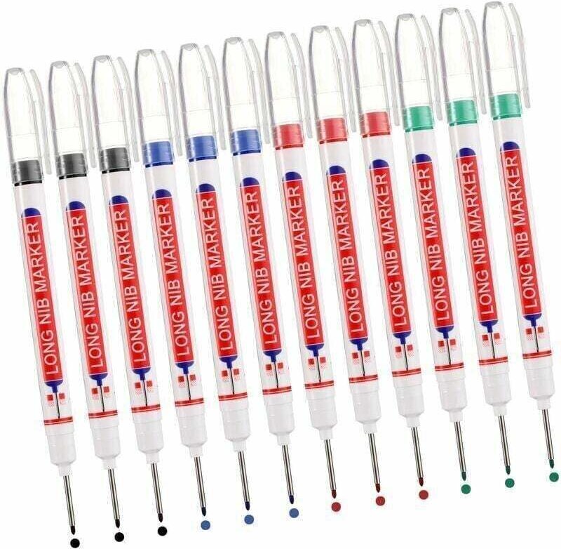 Thumbnail - Tieflochmarker, 12 Stück Zimmermannsmarker, Permanentmarker mit 20 mm langer Spitze, Präzisions-Baumarker (Schwarz, Blau...
