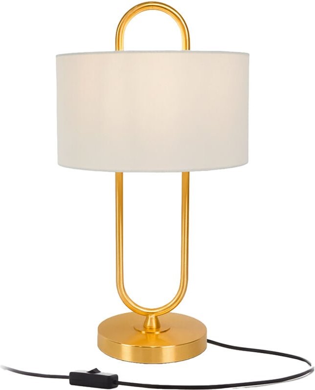 Relaxdays Tischlampe, offene U-Form, Leinenschirm, E27, HD 55x30,5cm, Nachttischlampe mit Kabel, Schlafzimmer, weiß/gold