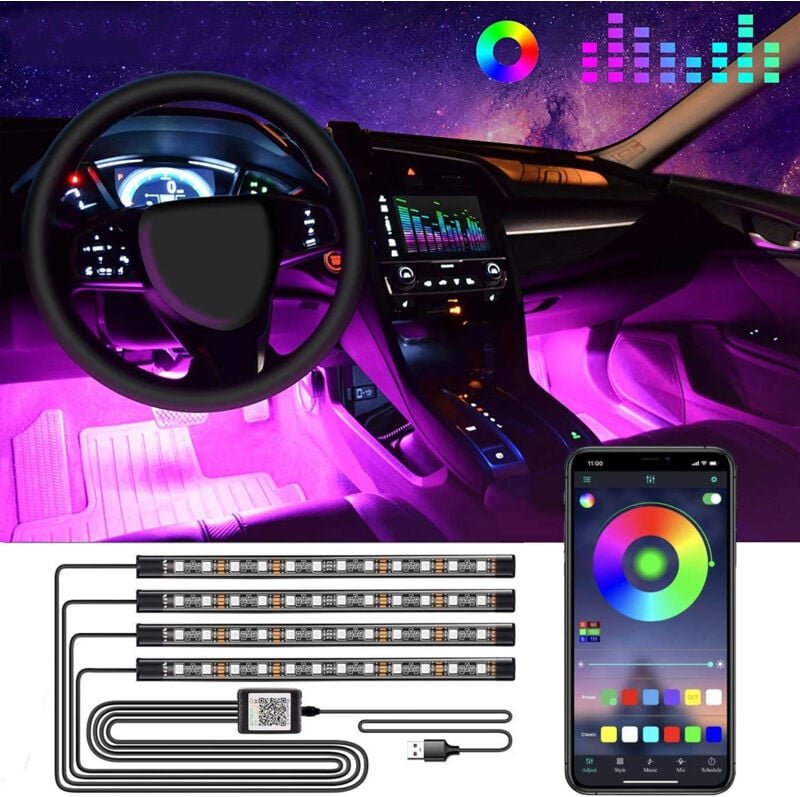 Auto-Innenbeleuchtung, LED-Zubehör, APP-Steuerung, Farbwechsel-RGB-Armaturenbrettbeleuchtung mit 12 v 2 a Autoladegerät,...