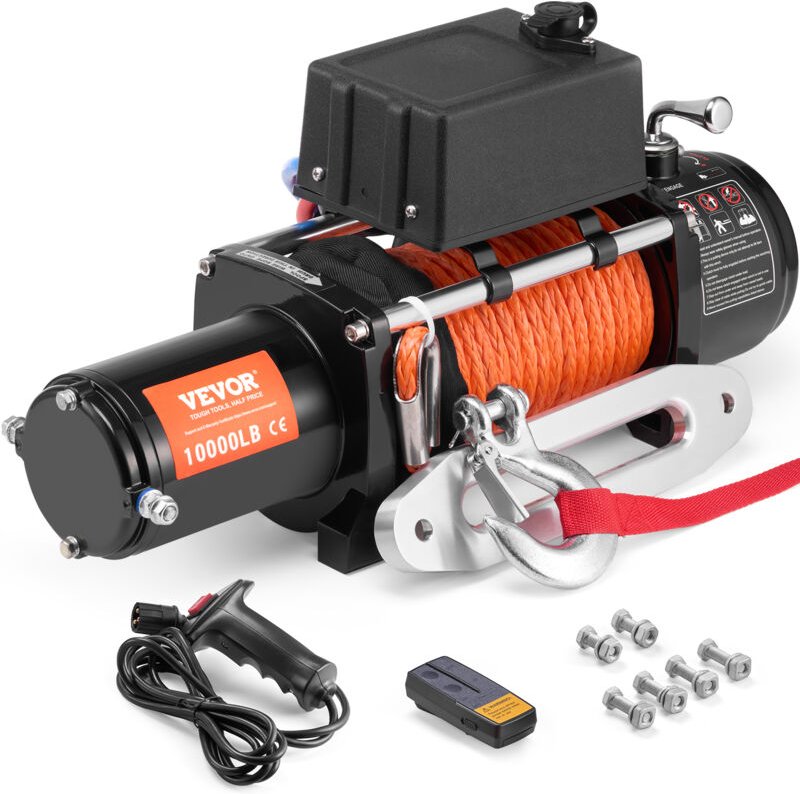 Thumbnail - Elektrische Seilwinde, 10.000 lb, 12 v dc LKW-Winde mit Φ7/20 Zoll x 65 Fuß Synthetikseil, Aluminium-Seilführung, kabell...