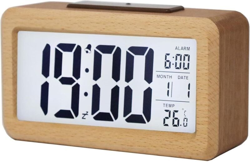 Digitaler Wecker aus Holz, großes LED-Display, intelligentes Sensor-Nachtlicht, Schlummer- und Temperaturfunktion, batte...