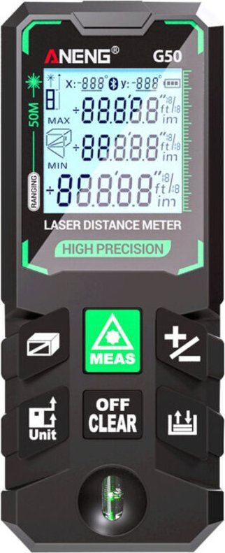 Telemetro intelligente ad alta precisione, misuratore di distanza verde con 30 memorie dati, calibrazione automatica.