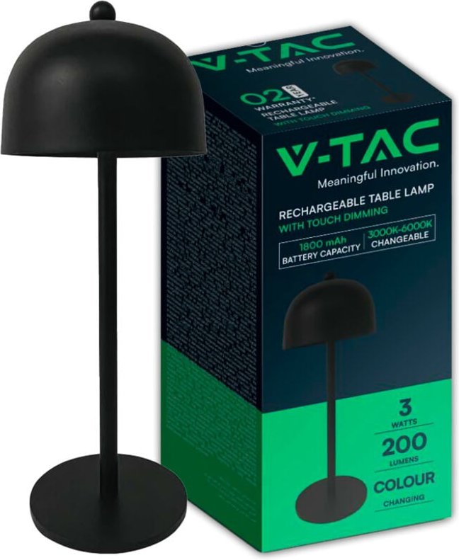 V-tac - 3W wiederaufladbare LED-Tischlampe, schwarzes Metall, Touch-dimmbar, 3-in-1