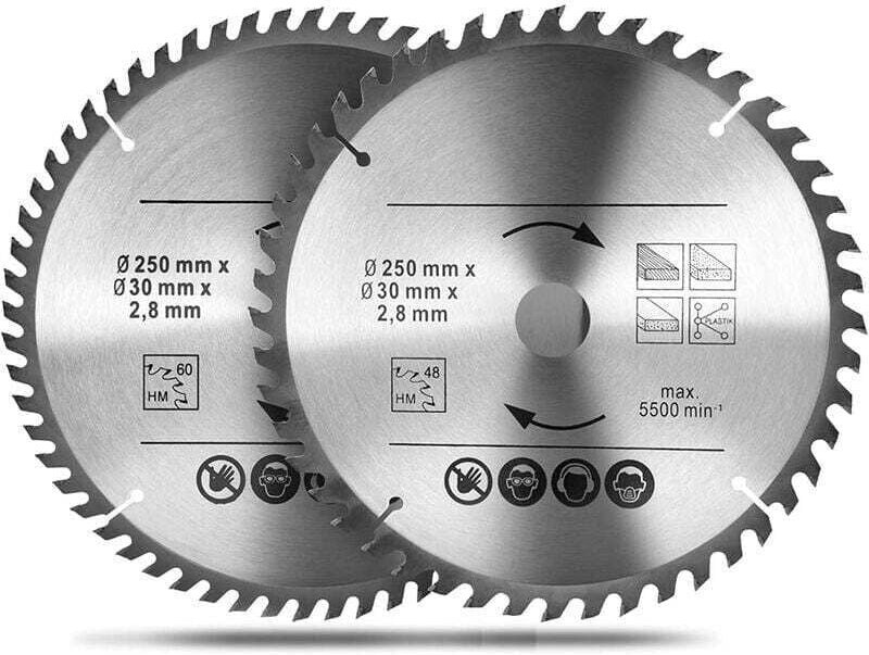 Thumbnail - 2er-Pack Kreissägeblätter 250 x 30 mm, Hartmetall-Kreissägeblatt 48T und 60T tct Sah, Bohrung für Naturholz, Hartholz, S...
