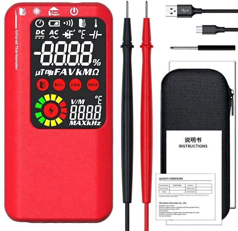 Multimetro digitale 4 in 1 con termometro a infrarossi, penna per test elettrici, schermo LCD a colori da 3,5 pollici, T...
