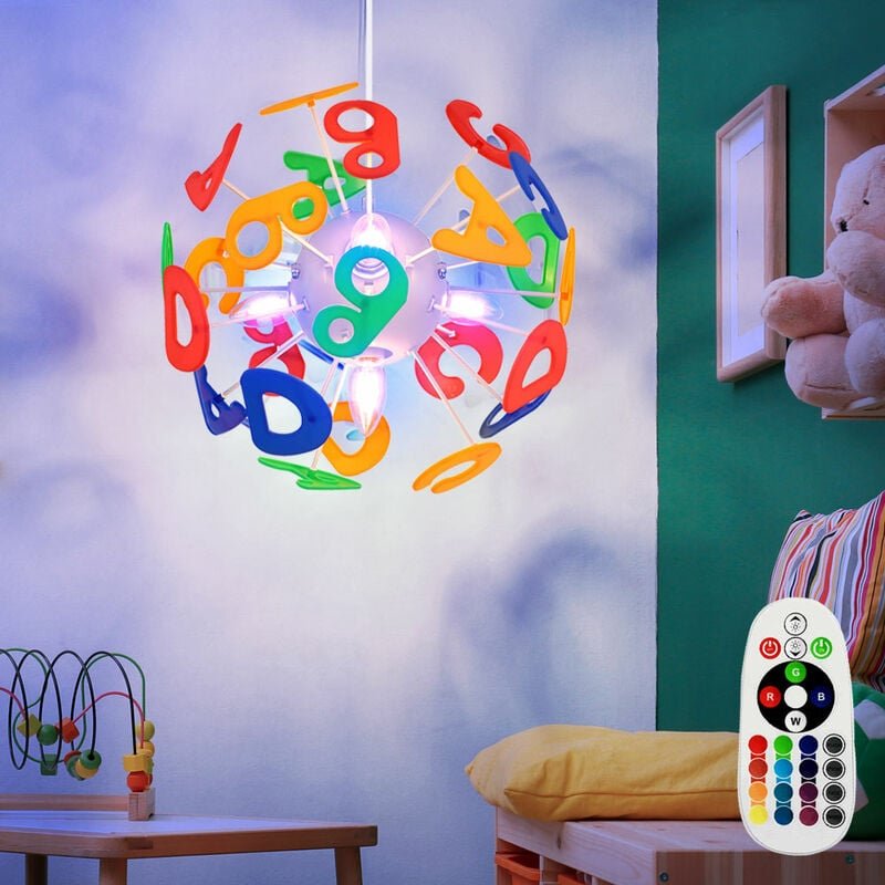 Led Pendelleuchte dimmbar mit Fernbedienung Kinderzimmer Hängelampe Buchstaben Kinderlampe in Kugelform, Kunststoff bunt...