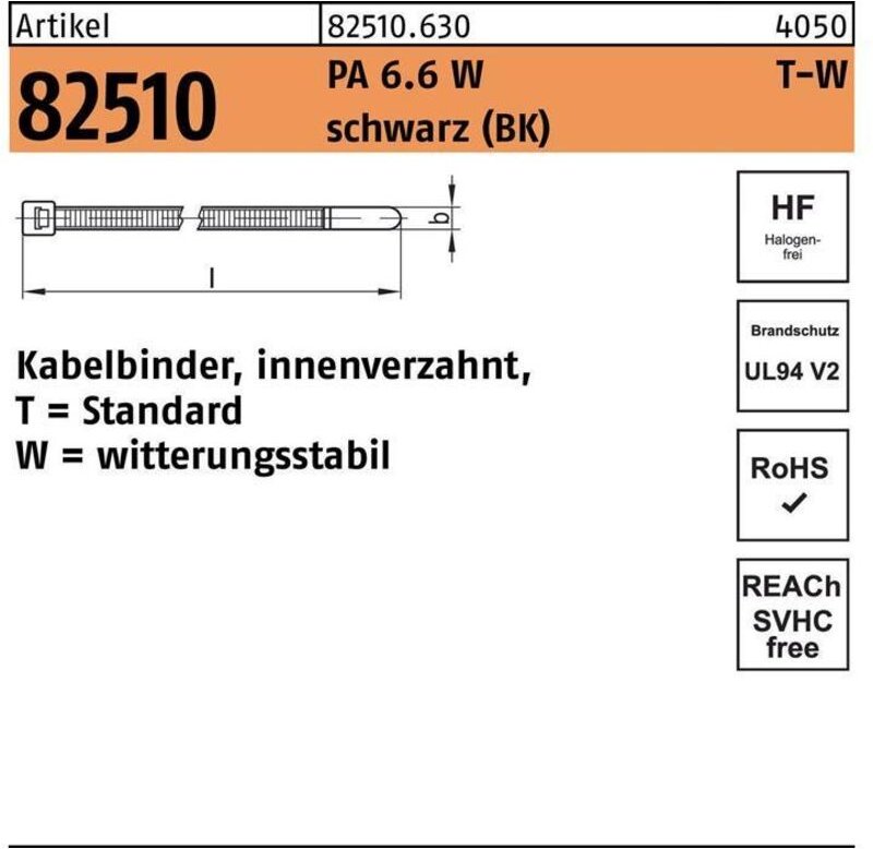 Thumbnail - Hellermanntyton - Kabelbinder r 82510 innenverzahnt 2,5 x 200 / 50 Polyamid 6.6 w schwarz witterungsstabil