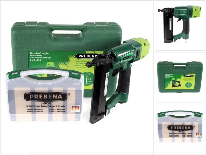 2XR-J50 Luftdruck Druckluftnagler im Transportkoffer + j-box 8.000 Stauchkopfnägel / Brads - Prebena